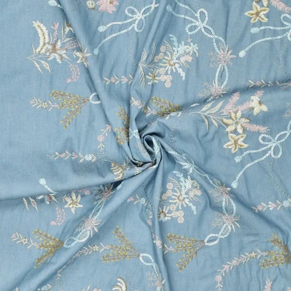 Paljettikirjailtu kevyt denim, vaaleansininen