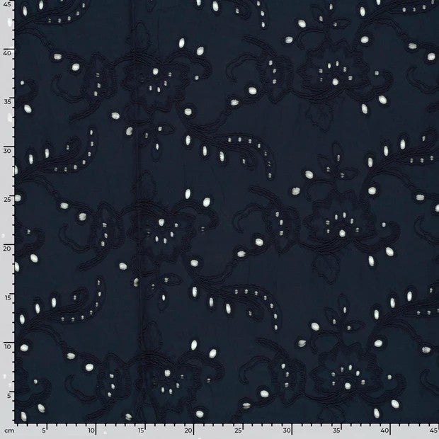 Brodeerattu puuvillakangas kukilla, navy tummansininen