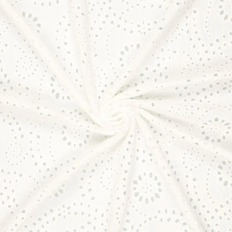 Brodeerattu double gauze harsokangas, luonnonvalkoinen