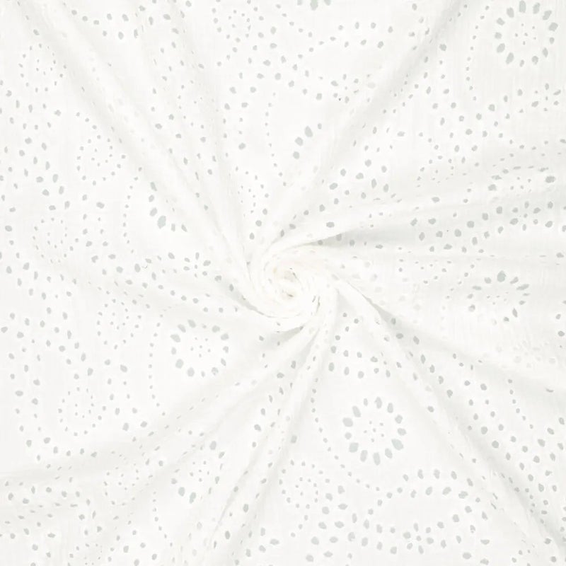 Brodeerattu double gauze harsokangas, valkoinen