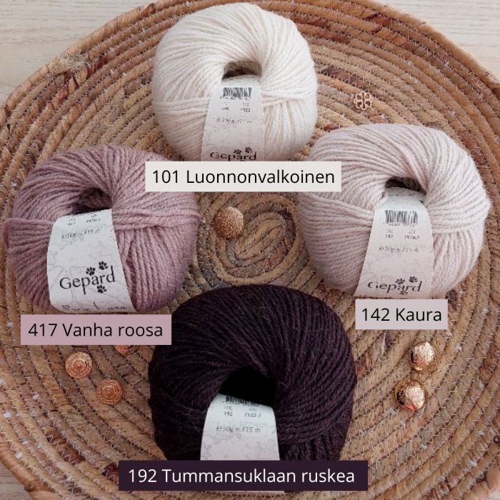 Luonnonvalkoinen, Vanha roosa, Kaura, Tummansuklaan ruskea