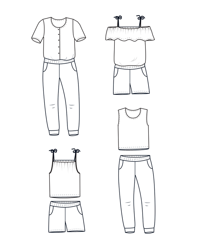 Juni lasten jumpsuit, joggers, shortsit, T-paita ja toppi PAPERIKAAVA