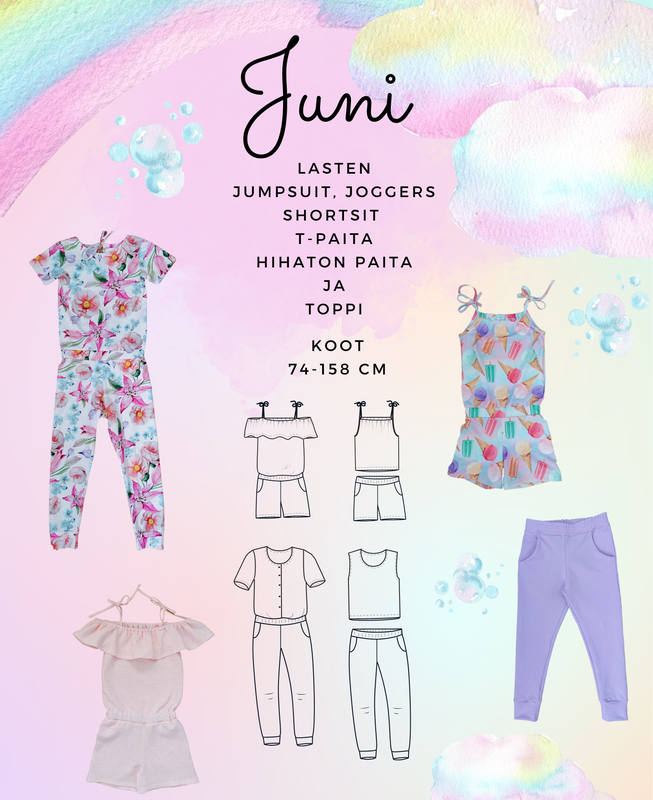 Juni lasten jumpsuit, joggers, shortsit, T-paita ja toppi PAPERIKAAVA