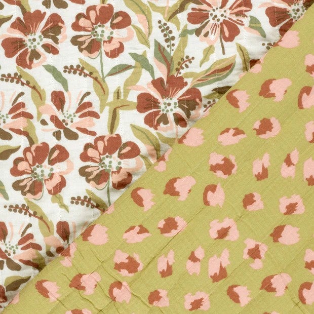 Tikattu kaksipuoleinen harsokangas, vihre&auml;-ruskea